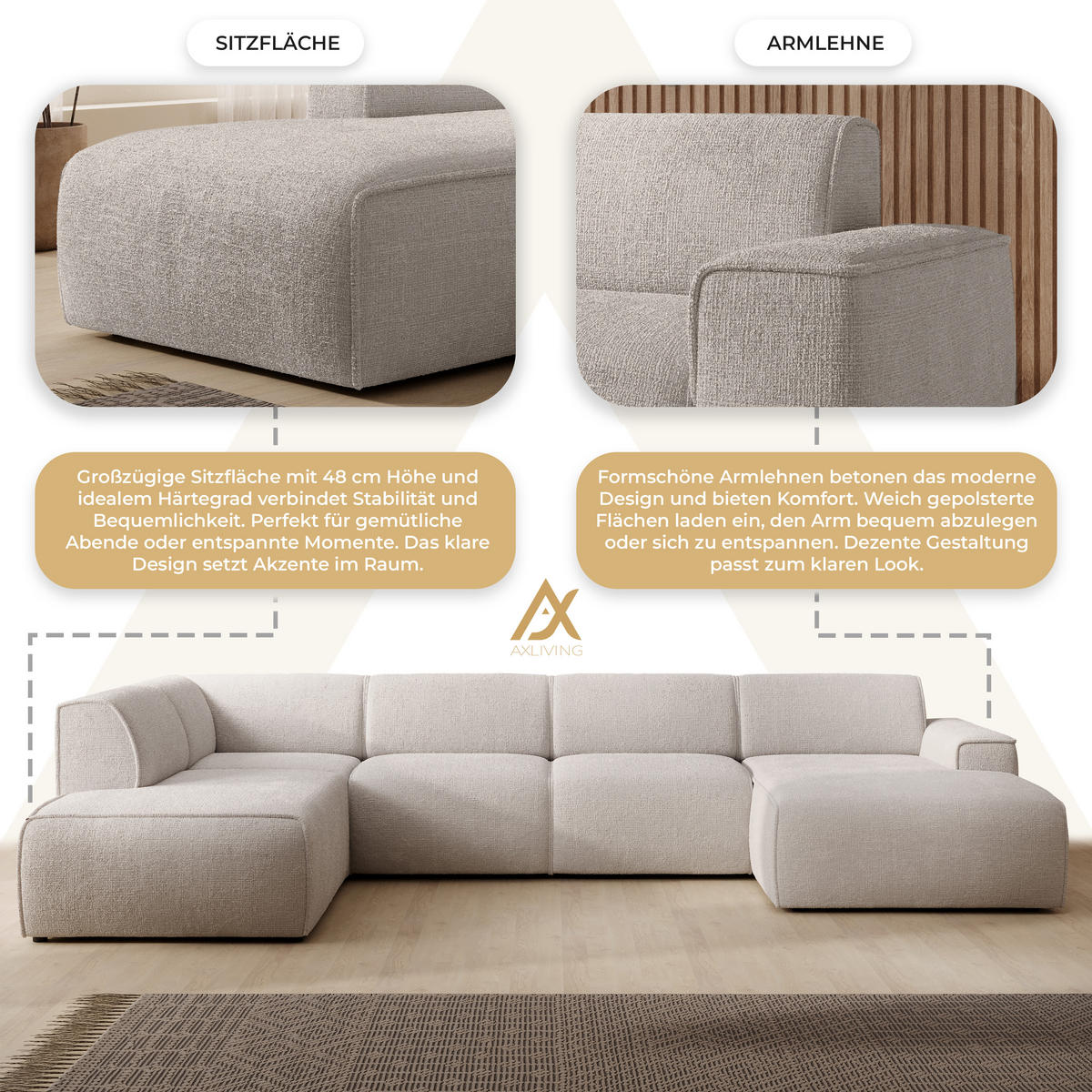 WOHNLANDSCHAFT Didim Creme 378/220/78 cm – großes Sofa stilvoll & bequem L - Creme/Schwarz, Kunststoff/Textil (220/78/378cm) - AX Living
