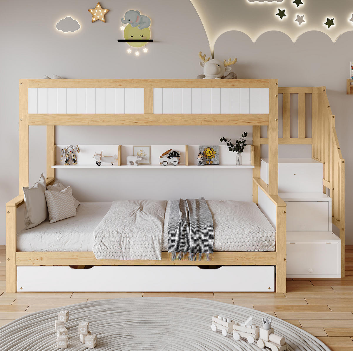 ETAGENBETT aus Kiefernholz und MDF 90x200/120x200 cm Weiß/Natur mit Stauraumtreppe und Rollbett - Weiß, Holzwerkstoff (90/200cm) - IVMEU