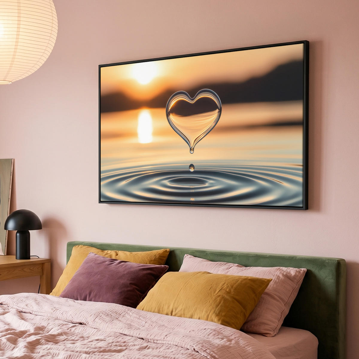 LEINWAND Bilder mit Rahmen - Herz - Wasser - Sonnenuntergang - Natur - Zen - 150x100 - Bernsteinfarben, Textil (150/100cm) - MuchoWow