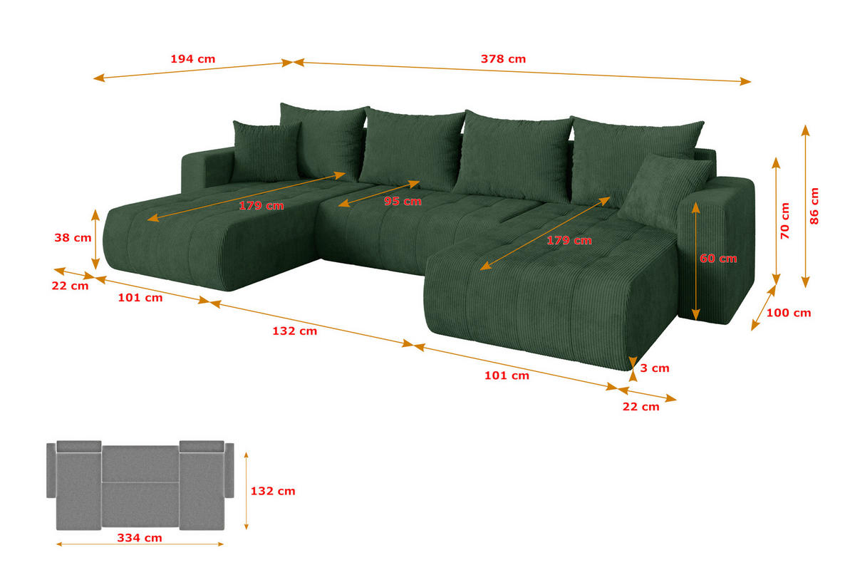SEDACÍ SOUPRAVA DO U s funkcí spaní a úložným prostorem MILA-U 378x194x86 zelená manšestr - černá/tmavě zelená, kompozitní dřevo/textil (378/86/194cm) - ALTDECOR