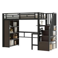 HOCHBETT 90/200 cm mit Schreibtisch, Regalen, LED-Lichtleiste und Stauraumtreppe, Schwarz - Schwarz, Metall (90/200cm) - Redom
