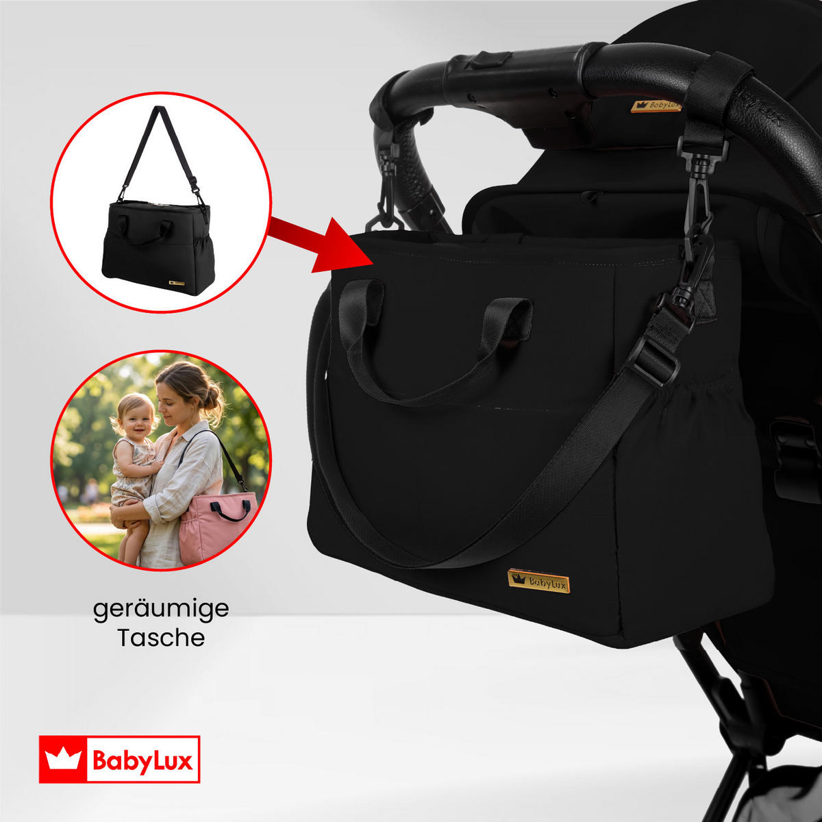 BUGGY Giau, Klein und Leicht, Teleskopische Führung, Kompakt Faltbar, Wickeltasche, Reisetasche - Schwarz, Textil/Metall (58/98cm) - BabyLux