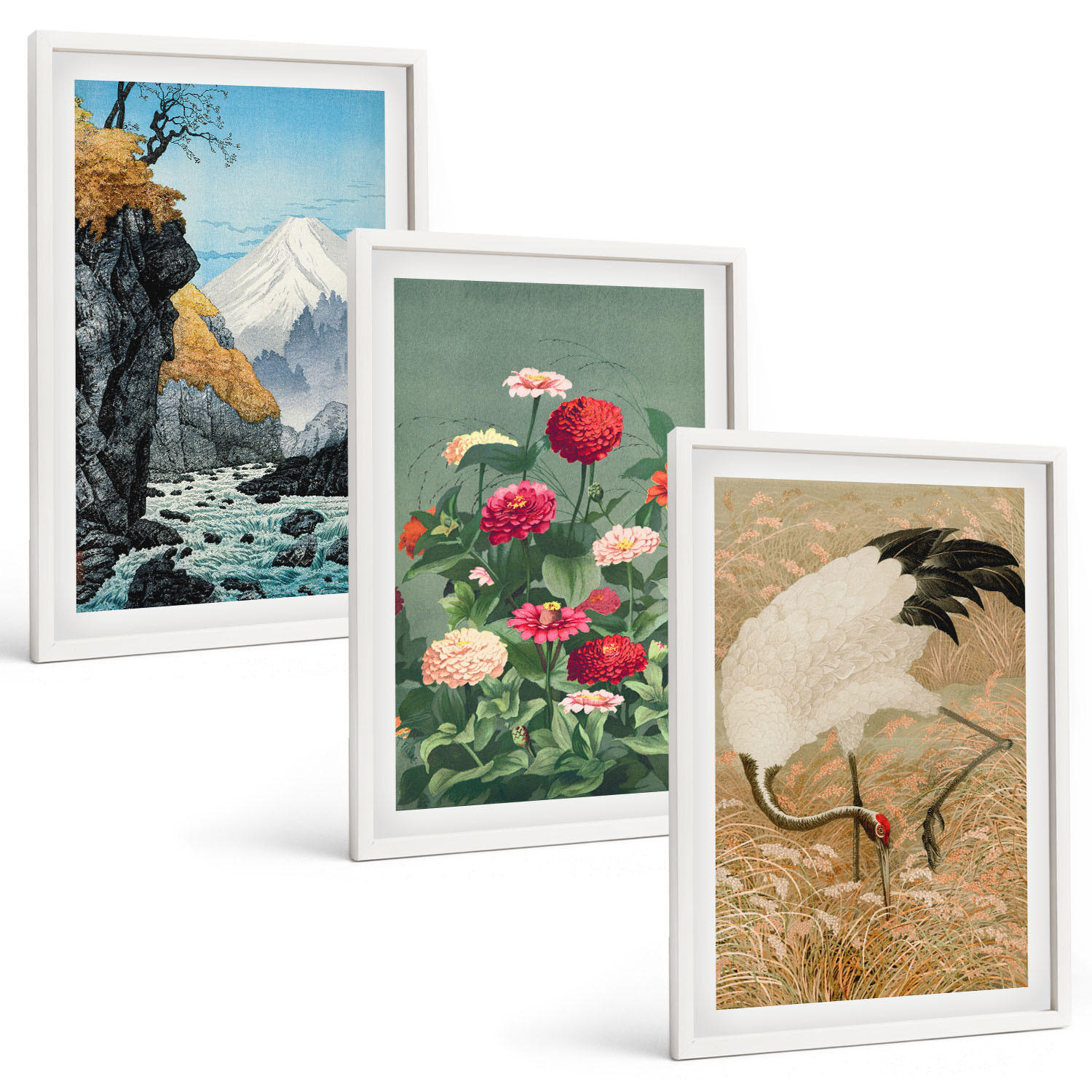 BILDER SET 3er Set - 40x60 cm Weißer Rahmen - Berglandschaft, Fluss, Blumen, Kraniche - Weiß, Kunststoff (40/60cm) - TULUP