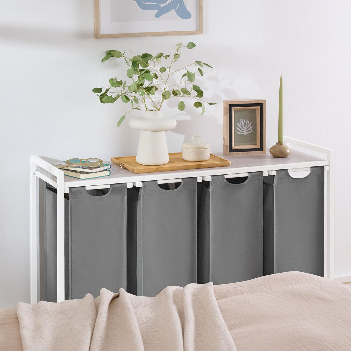 WÄSCHESAMMLER 4 Fächer Grau - Wäschekorb mit Ablage in Beton-Optik - Wäschekorb 4 Fächer - Grau, Textil (110.5/73/36cm) - Blumtal