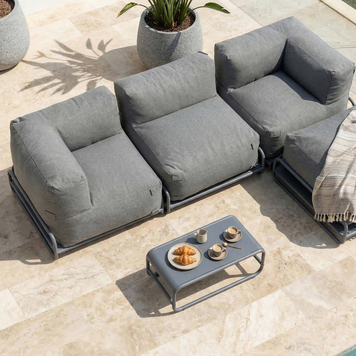 GARTENMÖBEL 4er-Set, Grau - Grau, Textil - Oviala