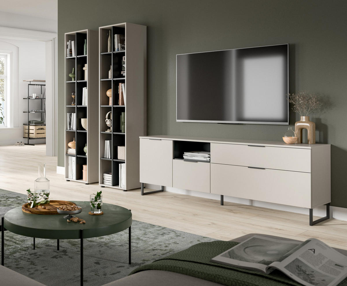 WOHNWAND kaschmir, schwarz 305 cm, Wohnzimmerschränke mit Soft-Close - Kaschmir/Schwarz, Holzwerkstoff/Kunststoff (305/192/41cm) - Inn.Furn