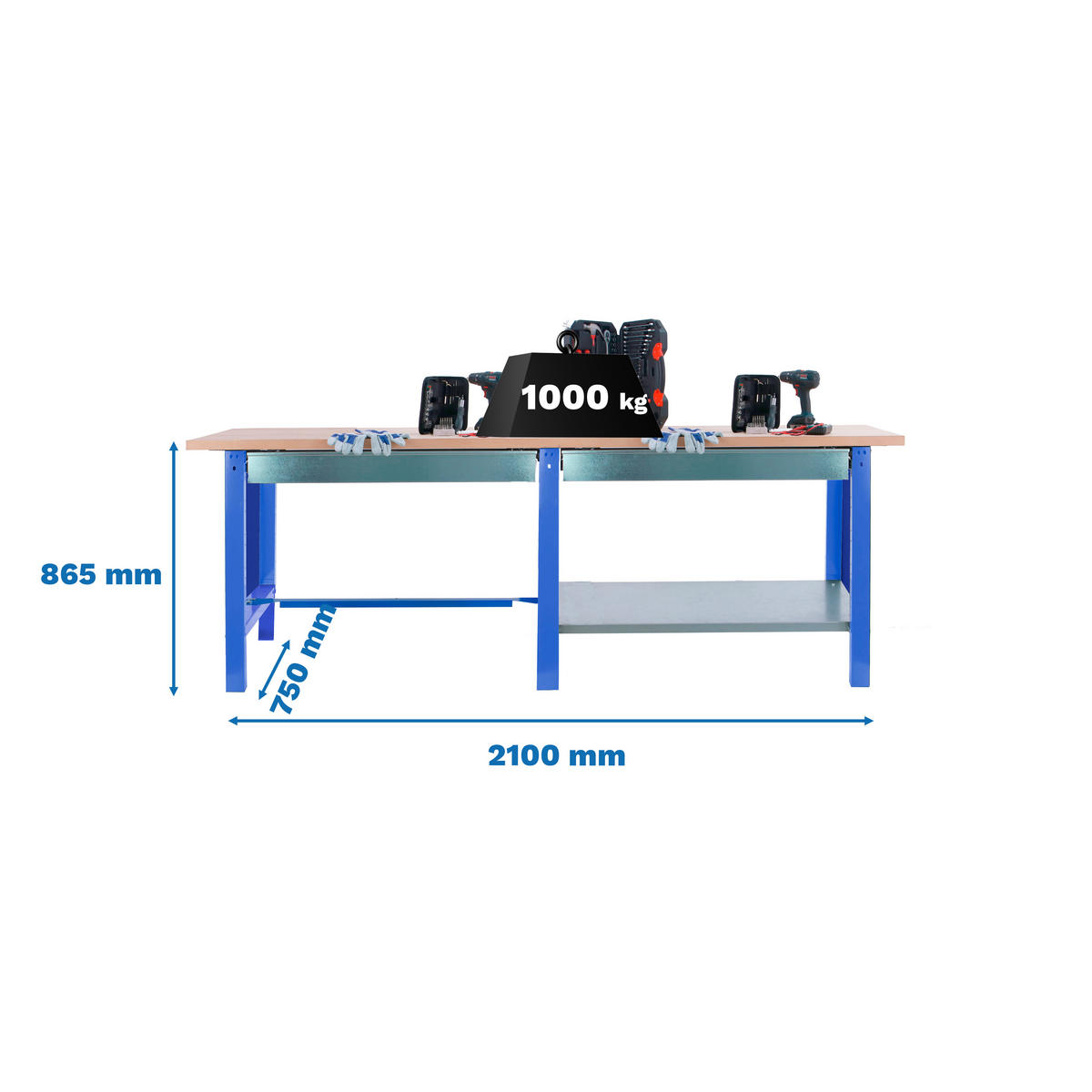 WERKBANK Buffalo Wood mit 2x Schublade HxBxT 86,5 x 210 x 75 cm Traglast 1000 kg Blau - Blau, Metall (210/86.5/75cm) - PROREGAL