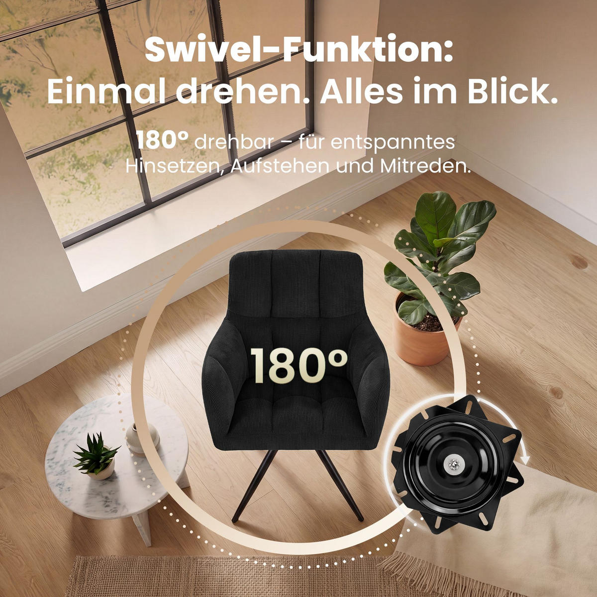 ARMLEHNENSTUHL Cord Schwarz - Schwarz, Textil/Metall (59/87/59cm) - CLP