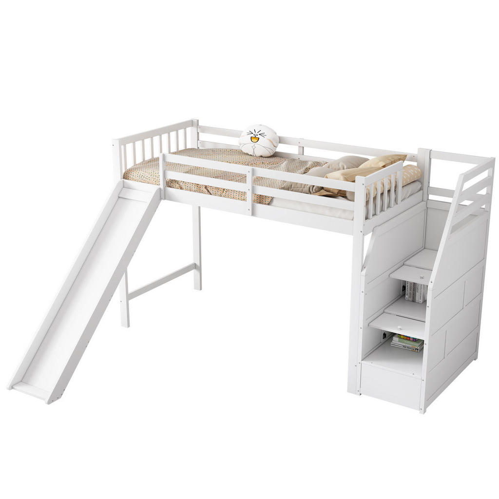 Modfu PATROVÁ postel z borovice a MDF 90x200 cm bílá s tobogánem, úložným schodištěm a certifikací EN747