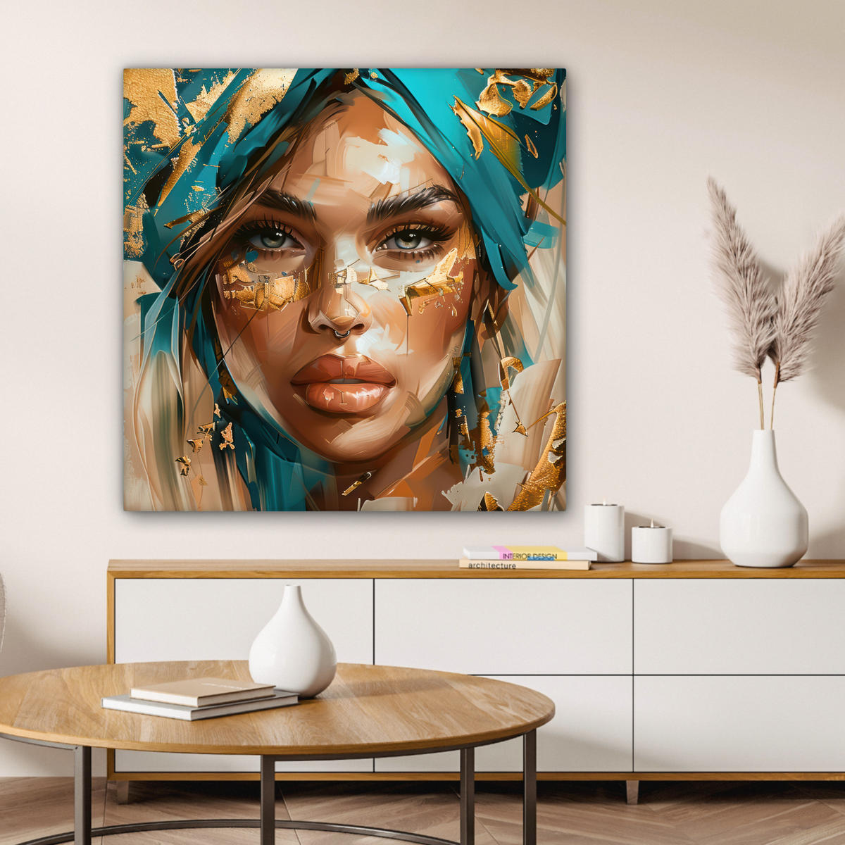 LEINWANDBILD - Frau - Porträt - Gold - Luxus - Blau - 90x90 - Gemälde - Türkis, Textil (90/90cm) - MuchoWow