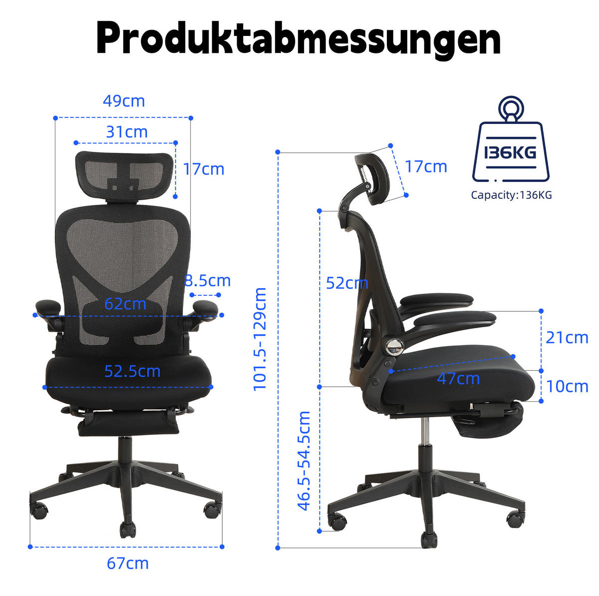 DREHSTUHL 67/67/129 cm schwarz aus Schaumstoff mit 3D-Kopfstütze und Klappfunktion - Schwarz, Kunststoff (62/129/48.5cm) - OKWISH