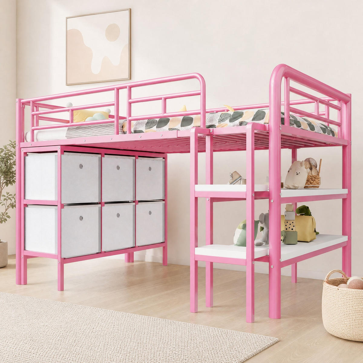 HOCHBETT 90/200 mit Stauraum Schubladen und Regalen in Rosa - Rosa, Holz/Metall (90/200cm) - EVRYAE