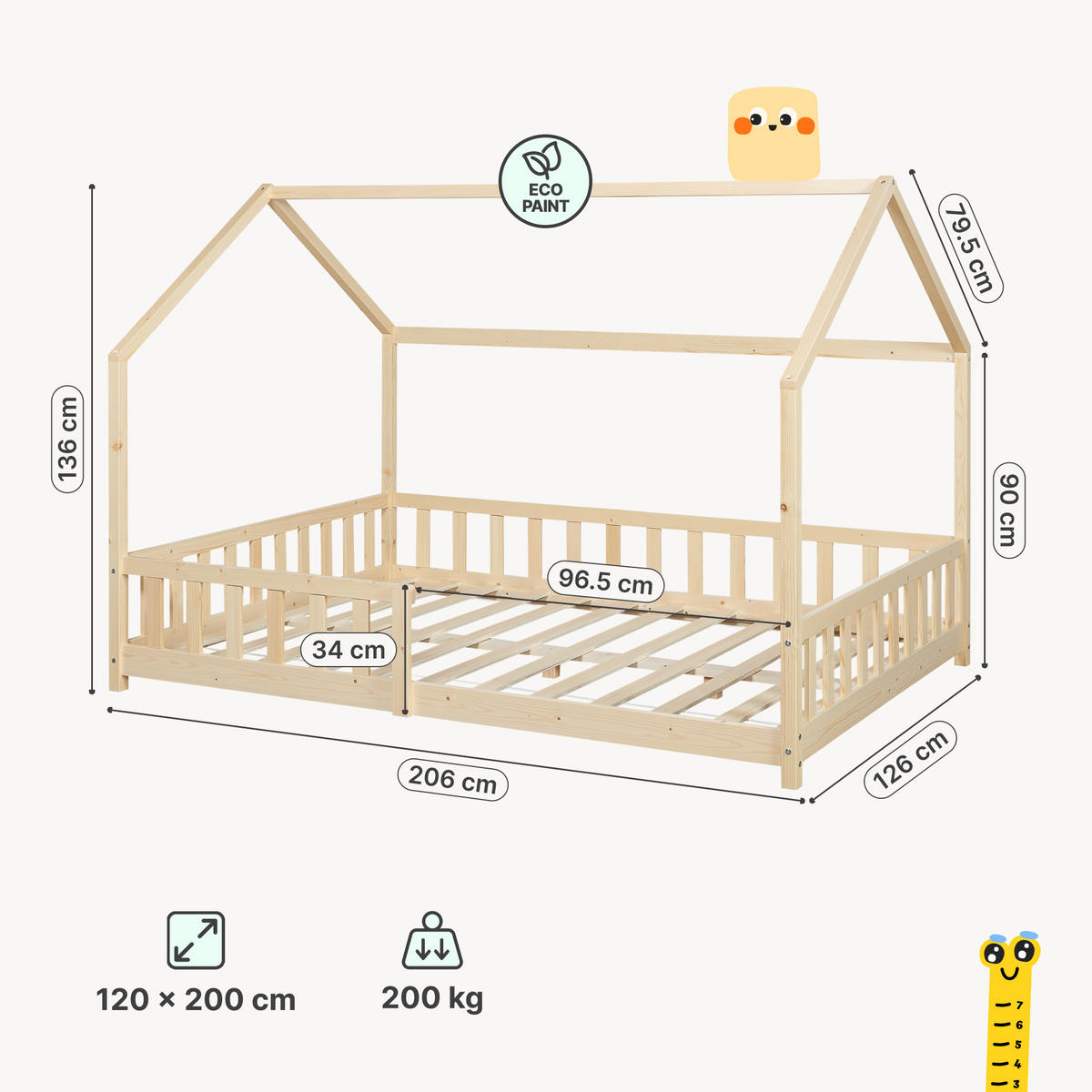 HAUSBETT Hesel - Naturfarben, Holz (120/200cm) - [en.casa]