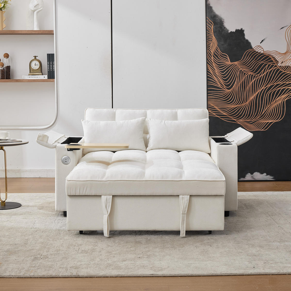 SCHLAFSOFA, Stoff mit USB-Anschluss & verstecktem Tisch, 140,5/74/82 cm, Beige - Beige, Textil (140.5/82/74cm) - Redom