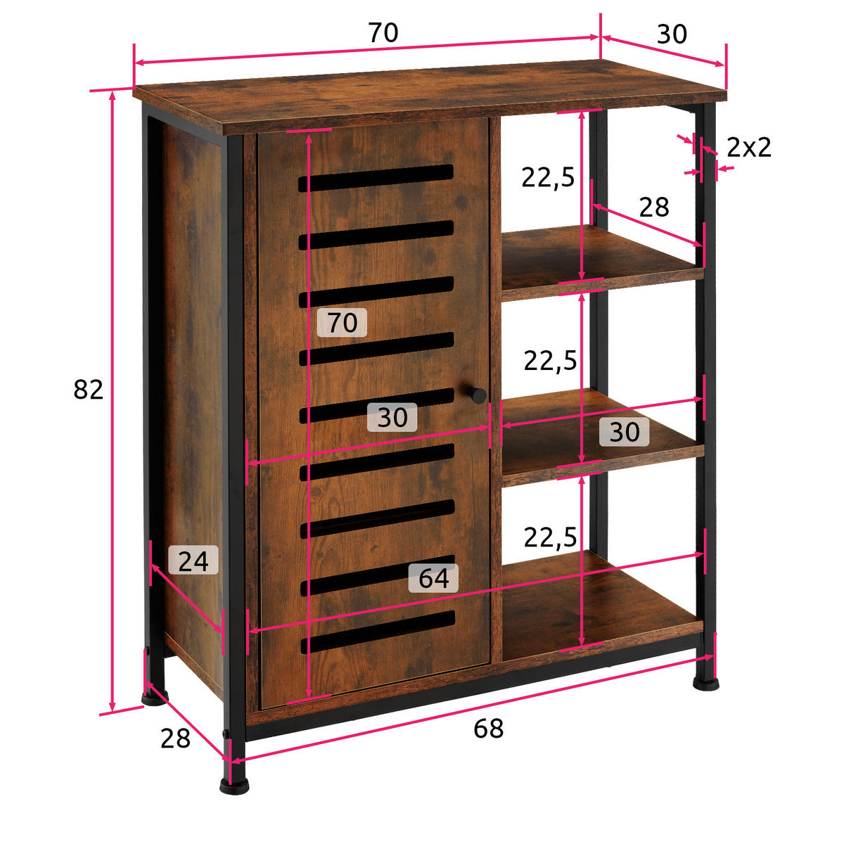 SIDEBOARD ,mit höhenverstellbaren Kunststofffüßen, 70 x 32 x 82 cm,Industrial Holz dunkel, rustikal - Rostfarben, Holzwerkstoff (32/82/71cm) - tectake