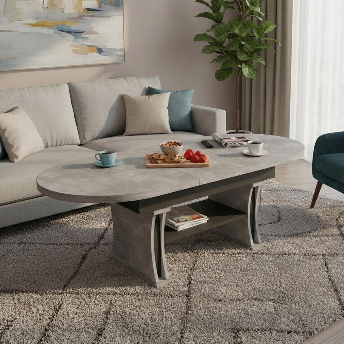 COUCHTISCH oval ausziehbar höhenverstellbar Ablage 130/80/60 cm - Hellgrau/Schwarz, Holzwerkstoff (80/130/60cm) - designimpex