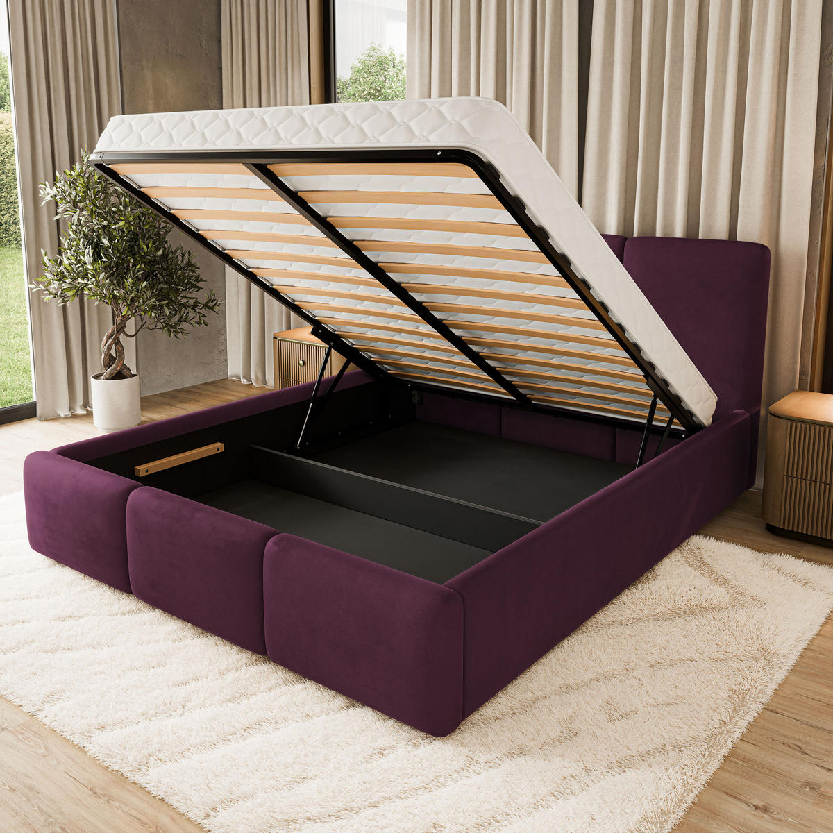 POLSTERBETT MORENA MGV 180x200 cm mit Bettkästen - Violett - Violett, Holz (180/200cm) - MASSENO
