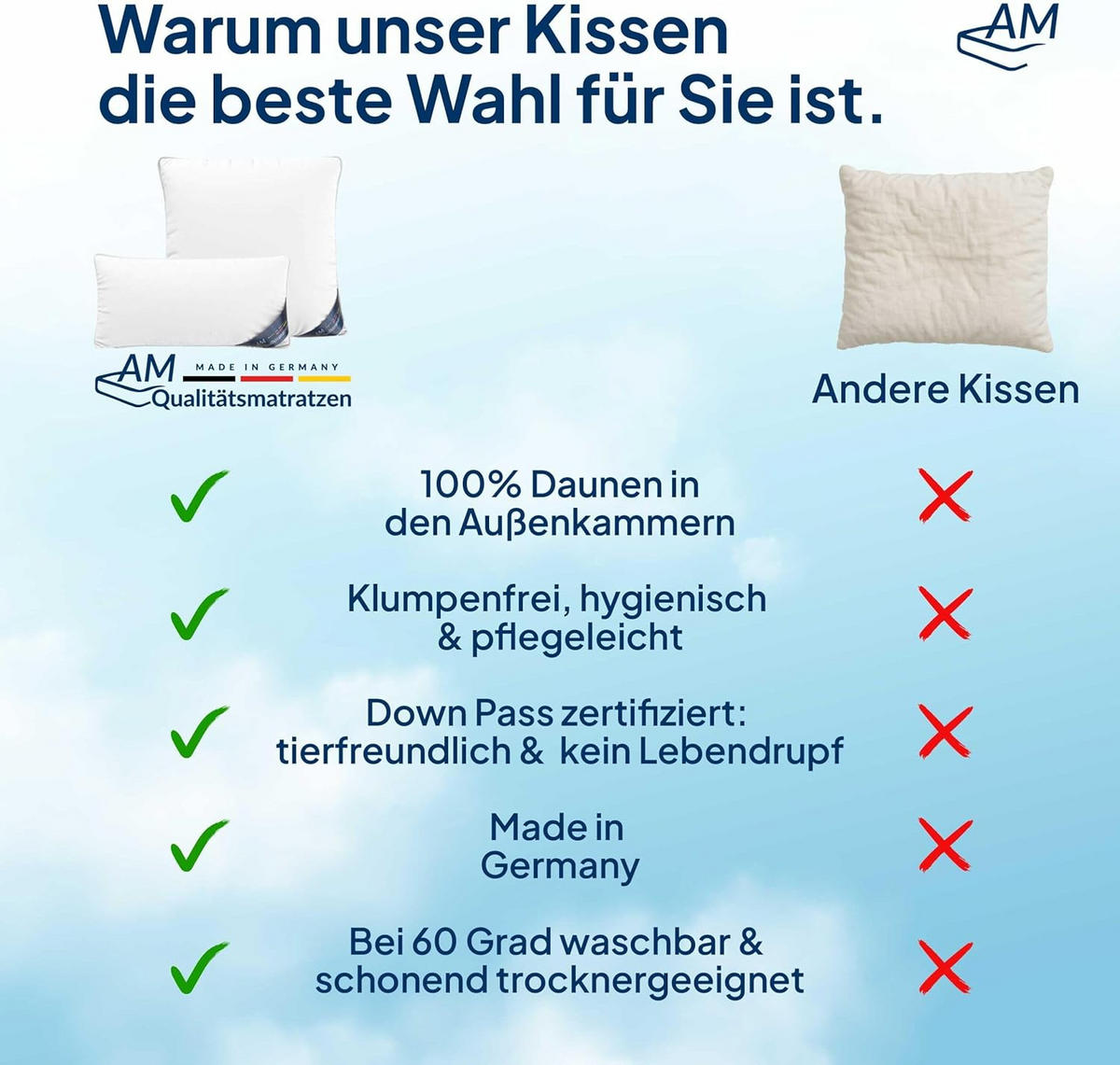 DAUNENKISSEN 40x80 im 3-Kammer-System Made in Germany & DOWNPASS Zertfiziert - Weiß, Textil (40/80cm) - AM Qualitätsmatratzen