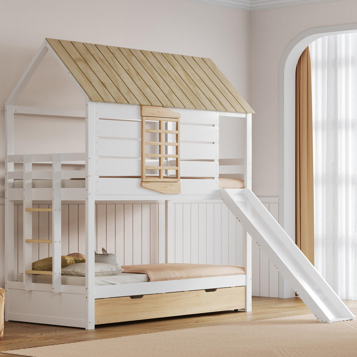 ETAGENBETT 90/200 cm Weiß aus Kiefer mit Rutsche und Ausziehbett - Weiß, Holzwerkstoff (90/200cm) - OKWISH