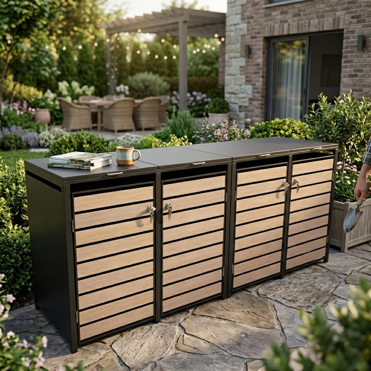 MÜLLTONNENVERKLEIDUNG Liverpool - Mülltonnenbox für 4 - in Holzoptik - , Stahl pulverbeschichtet verzinkt, anthrazit - Grau, Metall (264/116/80cm) - TPFGarden