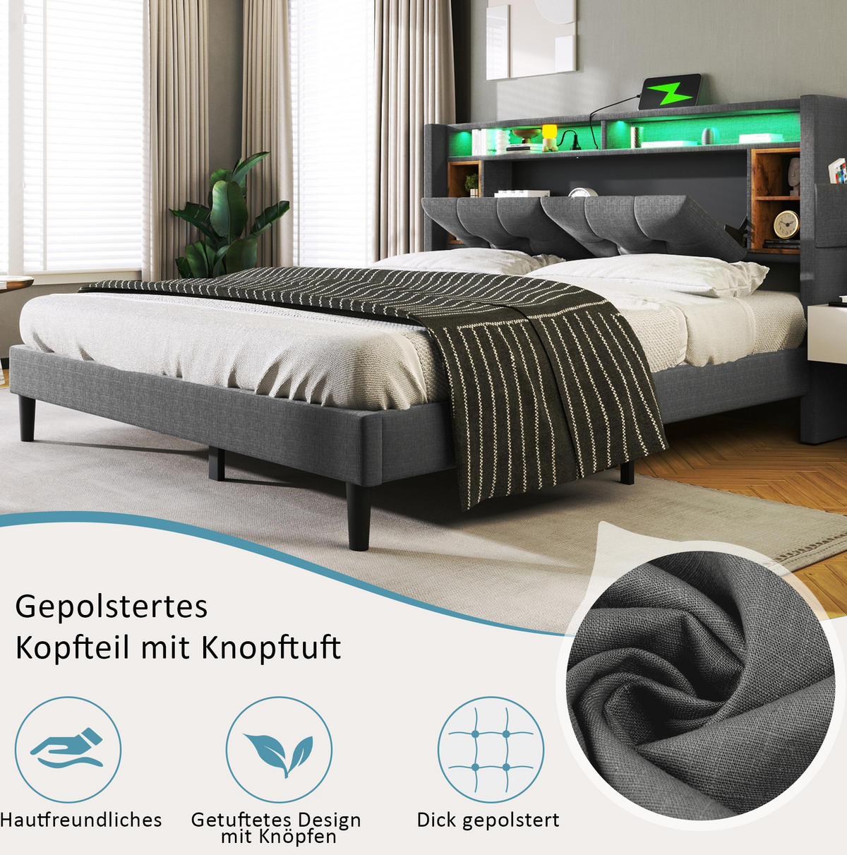 POLSTERBETT 160x200 cm in Grau mit Stauraum-Kopfteil, LED und USB-Ladestation - Grau, Holz (160/200cm) - IVMEU