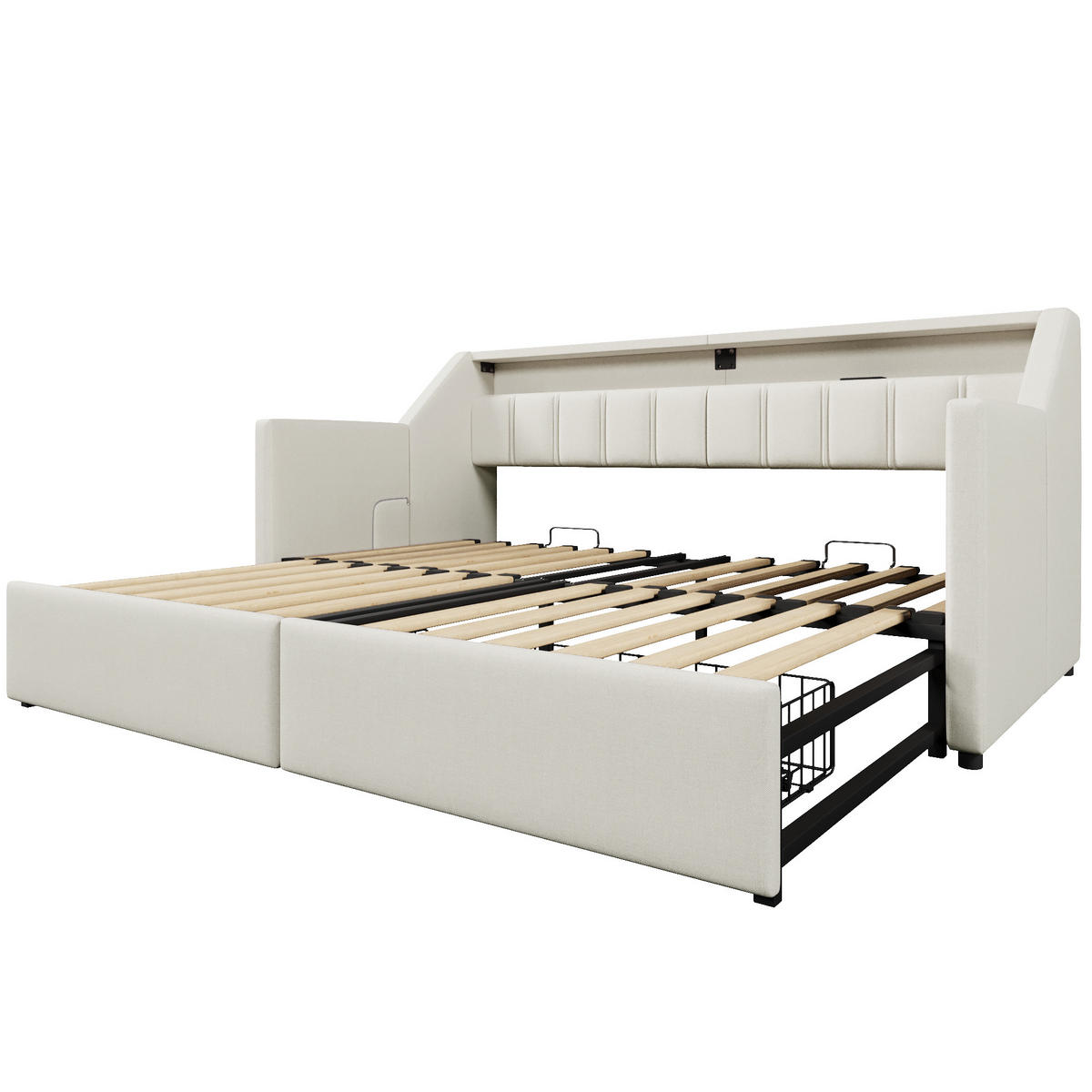 TAGEBETT 90x200cm Beige USB-C LED-Leiste 2 Schubladen Ausziehbett - Beige, Holz (90/200cm) - FLIEKS