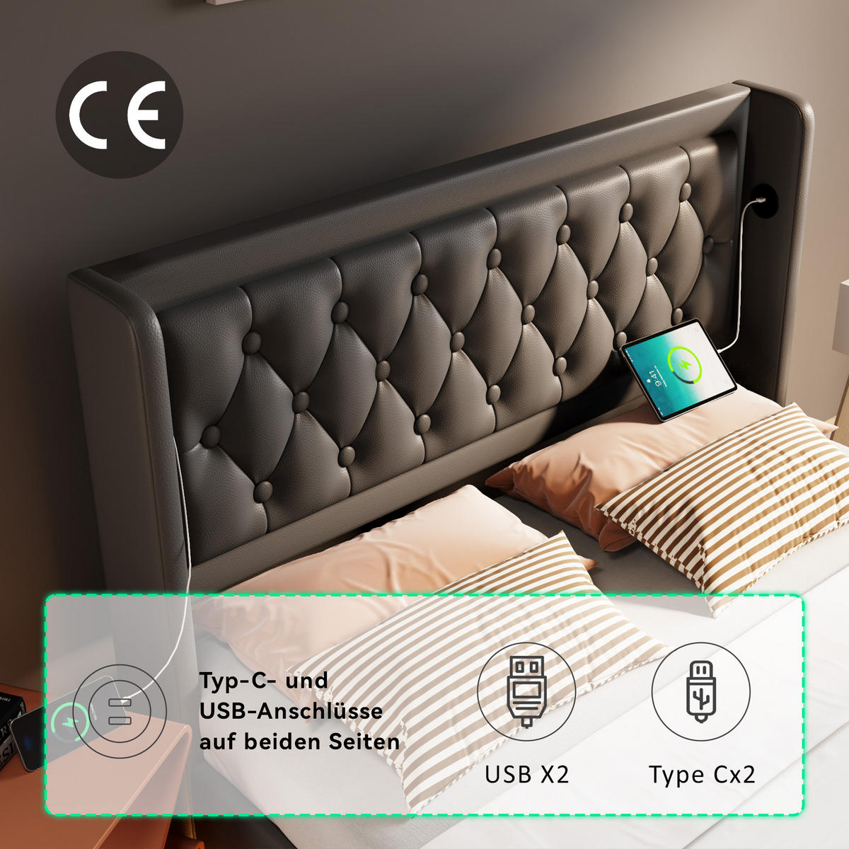 POLSTERBETT 180/200 cm aus PU mit USB-/Typ-C-Anschluss, LED-Beleuchtung und hydraulischem Bettkasten, Schwarz - Schwarz, Textil (180/200cm) - Redom