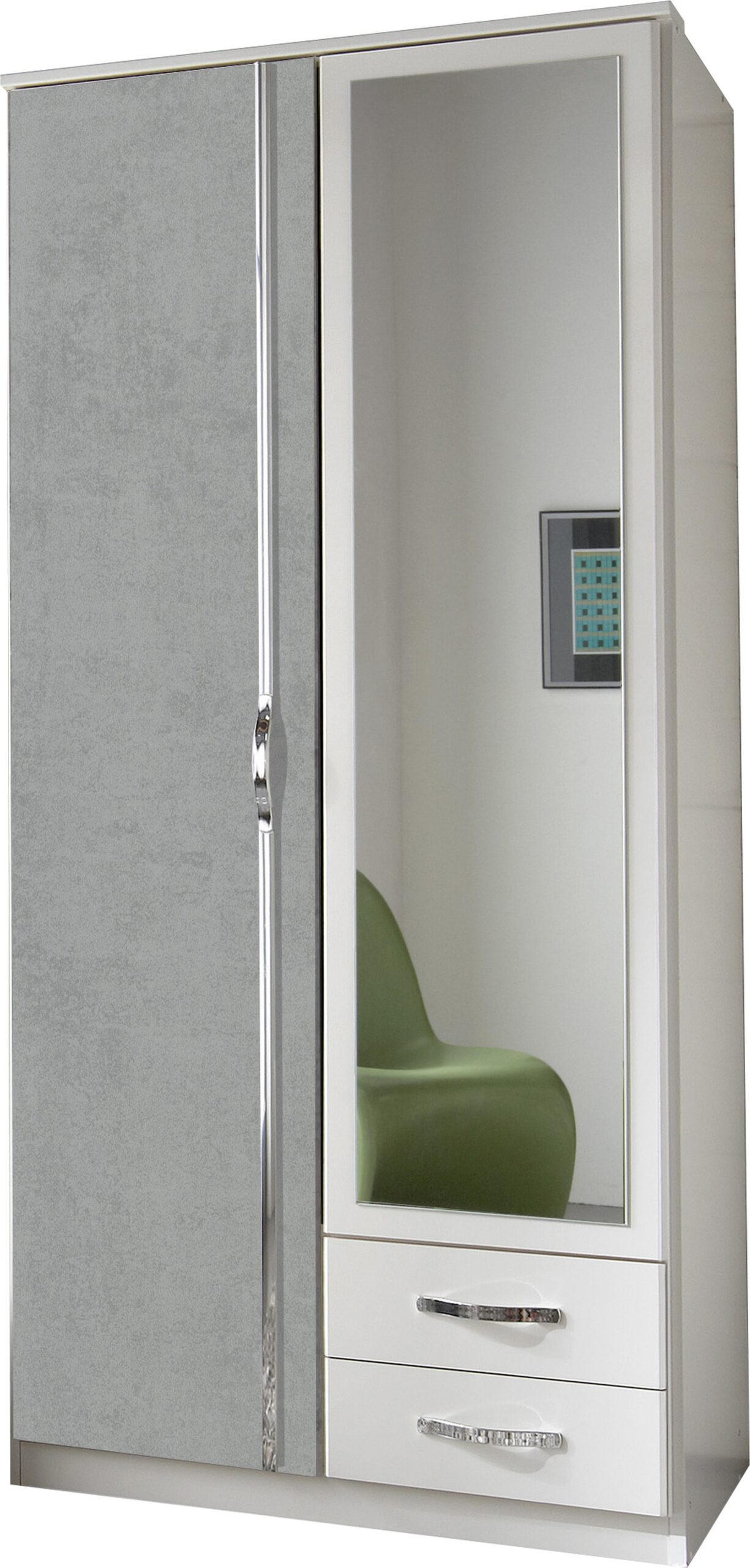 KLEIDERSCHRANK Duo in Weiß mit Beton mit Aufleistungen in Chrom 91x199x58 cm (BxHxT) – Drehtürenschrank 91 cm Breite - Weiß/Grau, Holzwerkstoff (120/200/80cm)
