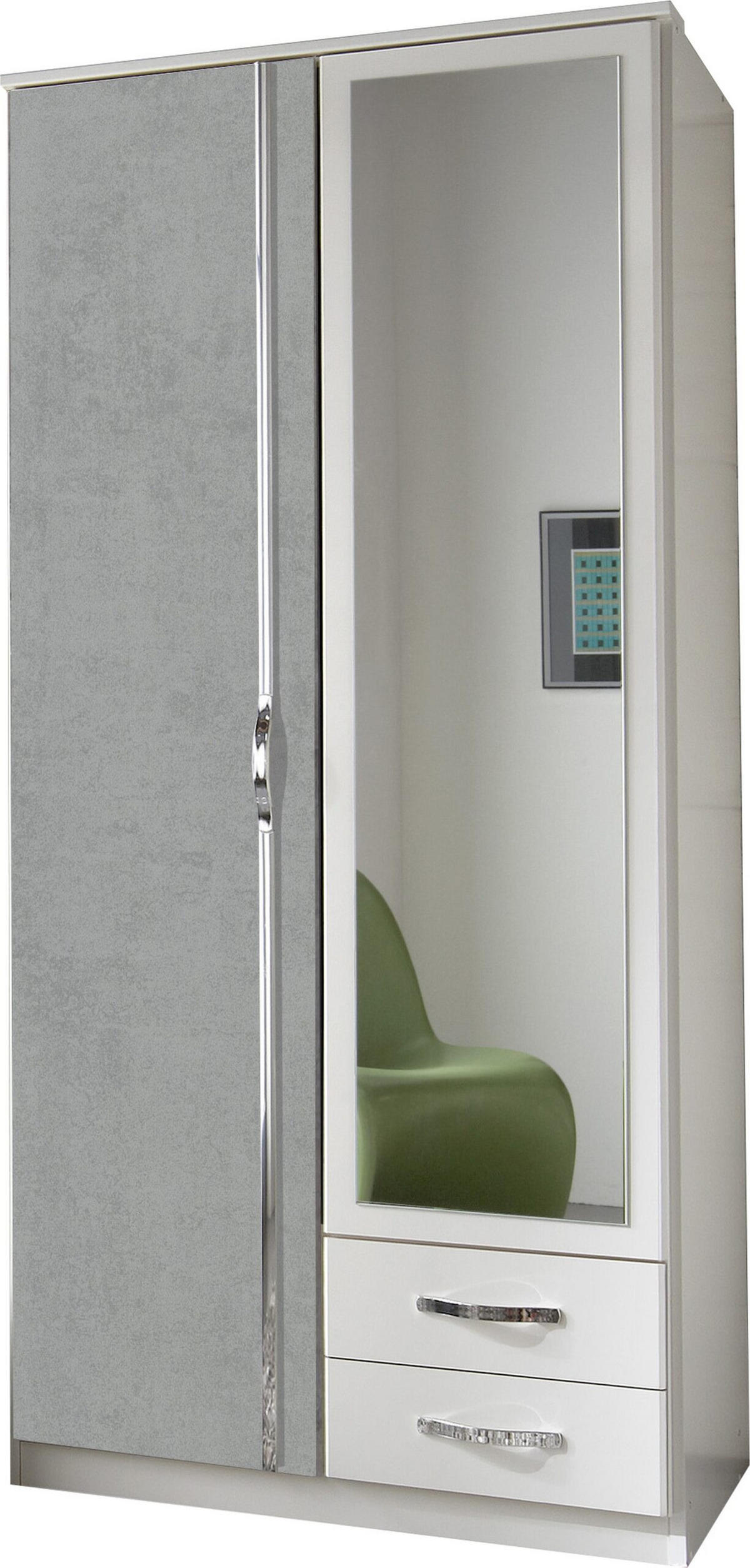 KLEIDERSCHRANK Duo in Weiß mit Beton mit Aufleistungen in Chrom 91x199x58 cm (BxHxT) – Drehtürenschrank 91 cm Breite - Weiß/Grau, Holzwerkstoff (120/200/80cm)