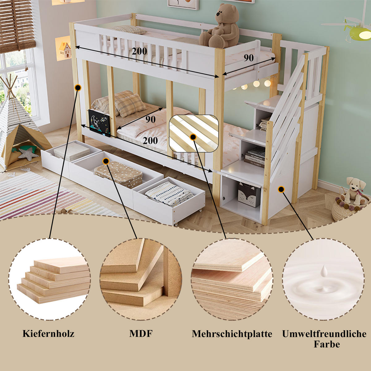 ETAGENBETT 90/200 cm in Weiß/Natur mit Treppenschrank und 3 Schubladen - Weiß, Holzwerkstoff - BEAOK