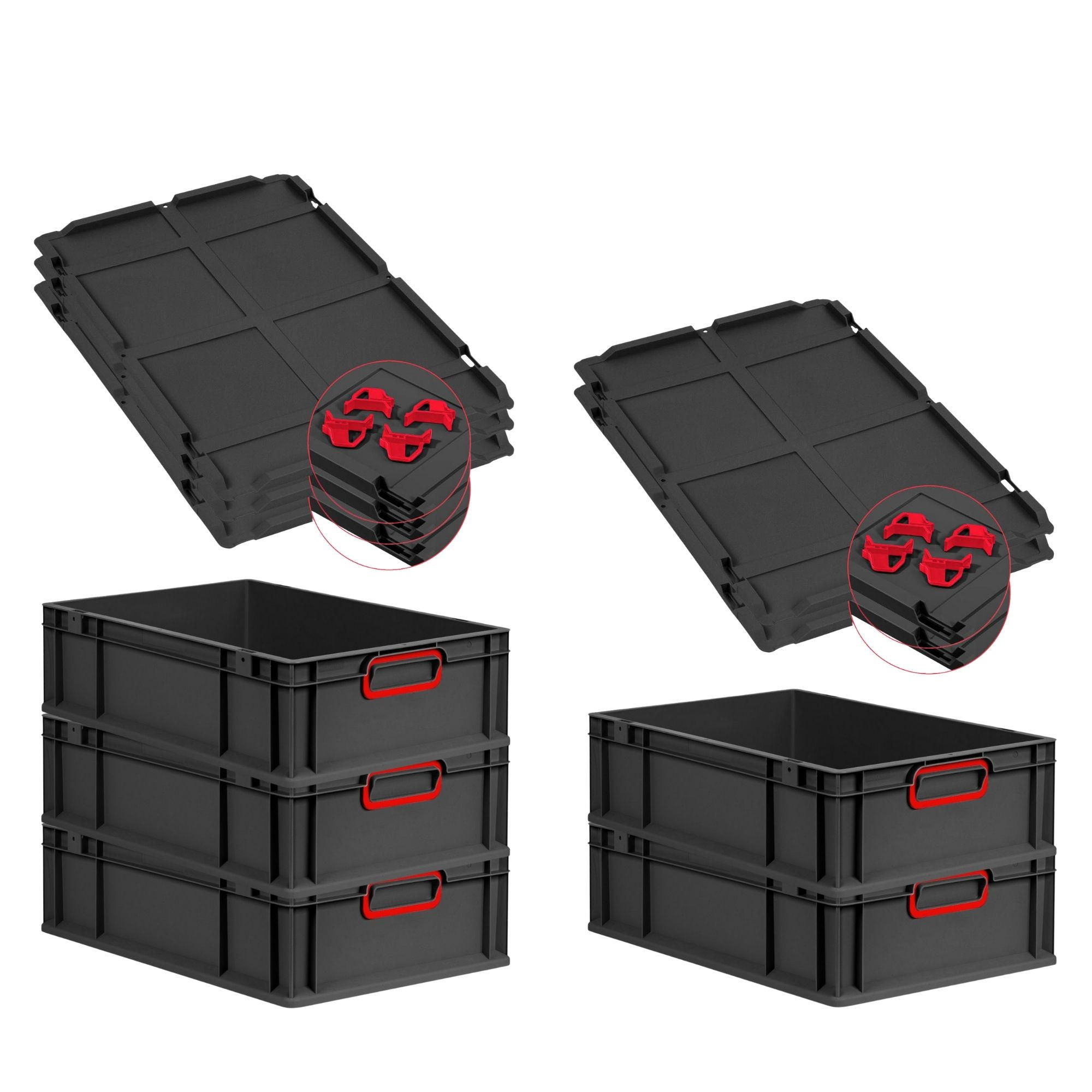 EUROBOX 5x NextGen Color mit Auflagedeckel 17x40x60 cm 34 Liter Schwarz Griffe rot zu - Rot/Schwarz, Kunststoff (40/17/60cm) - PROREGAL