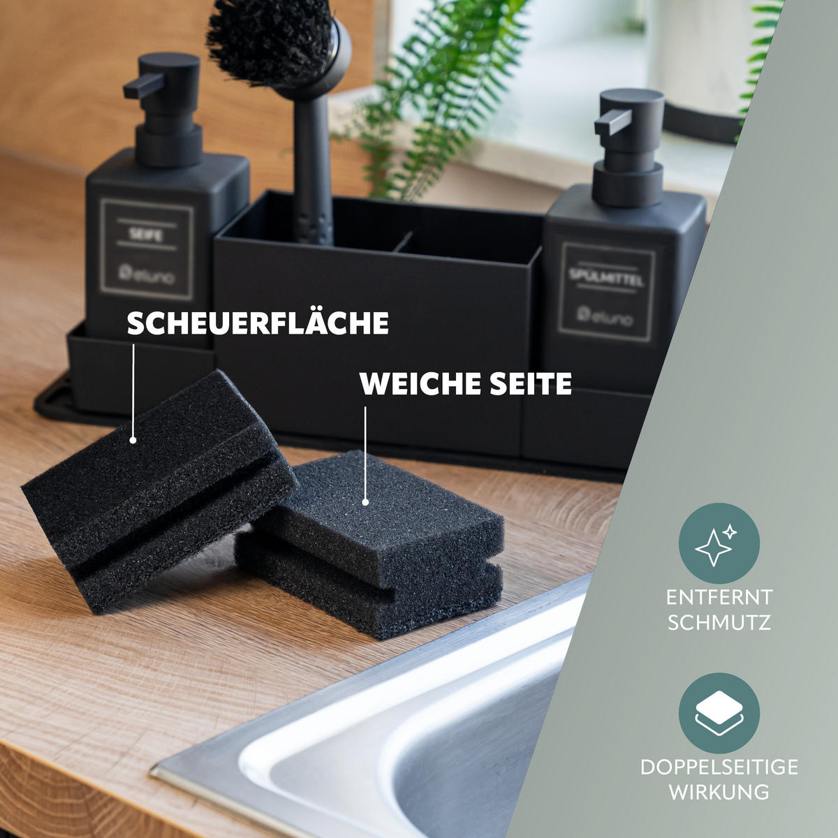 SPÜLSCHWAMMSET 10tlg., weiche und Scheuerseite - Dunkelgrau, Kunststoff (10/4/7cm) - eluno