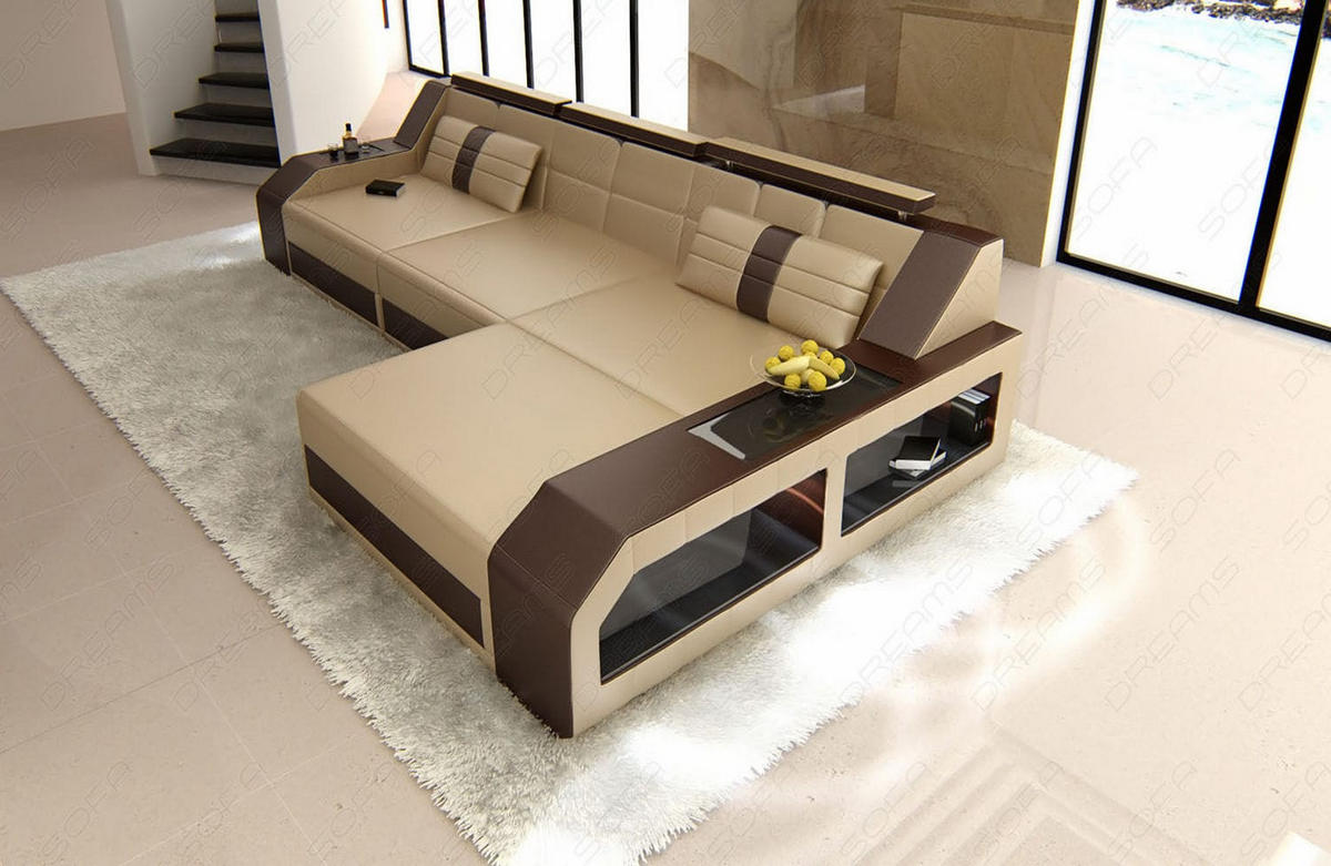 COUCH Arezzo L Sandbeige Dunkelbraun Büffelleder - Sandfarben, Leder (308/194cm)