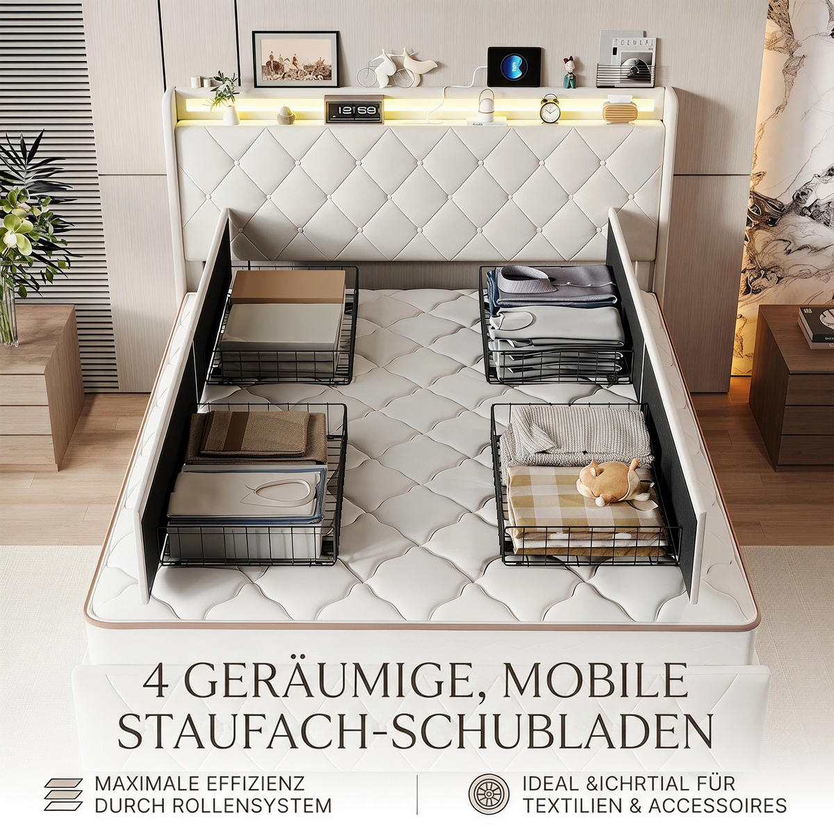 POLSTERBETT, LED-Beleuchtung Doppelbett 140x200cm mit Ladefunktion und 4 Schubladen, Samt, beige - Beige, Holz/Holzwerkstoff (140/200cm) - GENKI LIVING