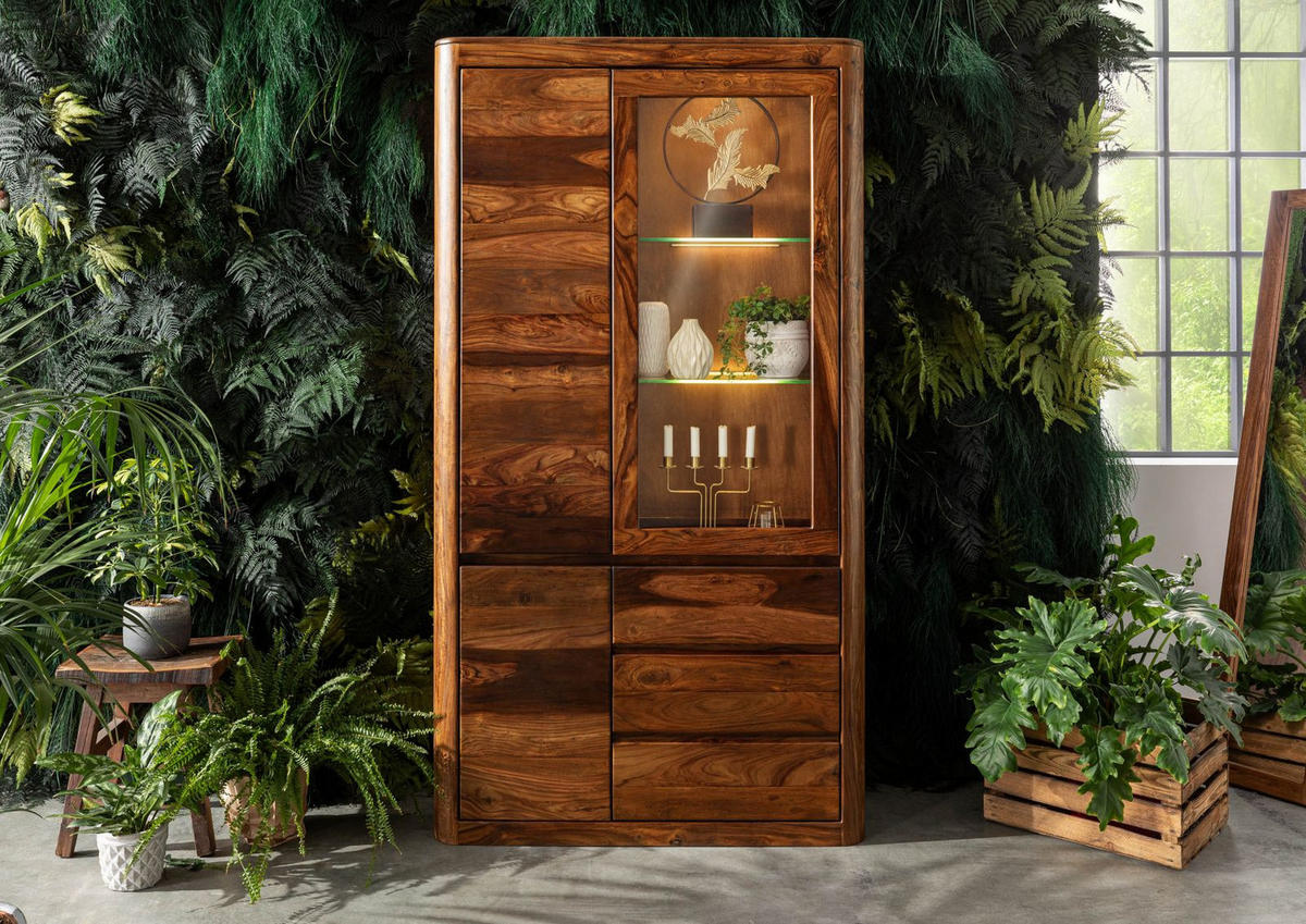 VITRINE Sheesham 109x40x202 walnuss gewachst TORONTO #211 - Walnussfarben, Holzwerkstoff (109/202/40cm) - Massivmoebel24