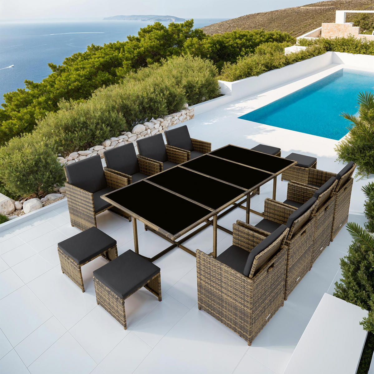 RATTAN SITZGRUPPE Palma,zusammenschiebbar, inklusive Schutzhülle,natur/dunkelgrau - Dunkelgrau/Naturfarben, Kunststoff - tectake