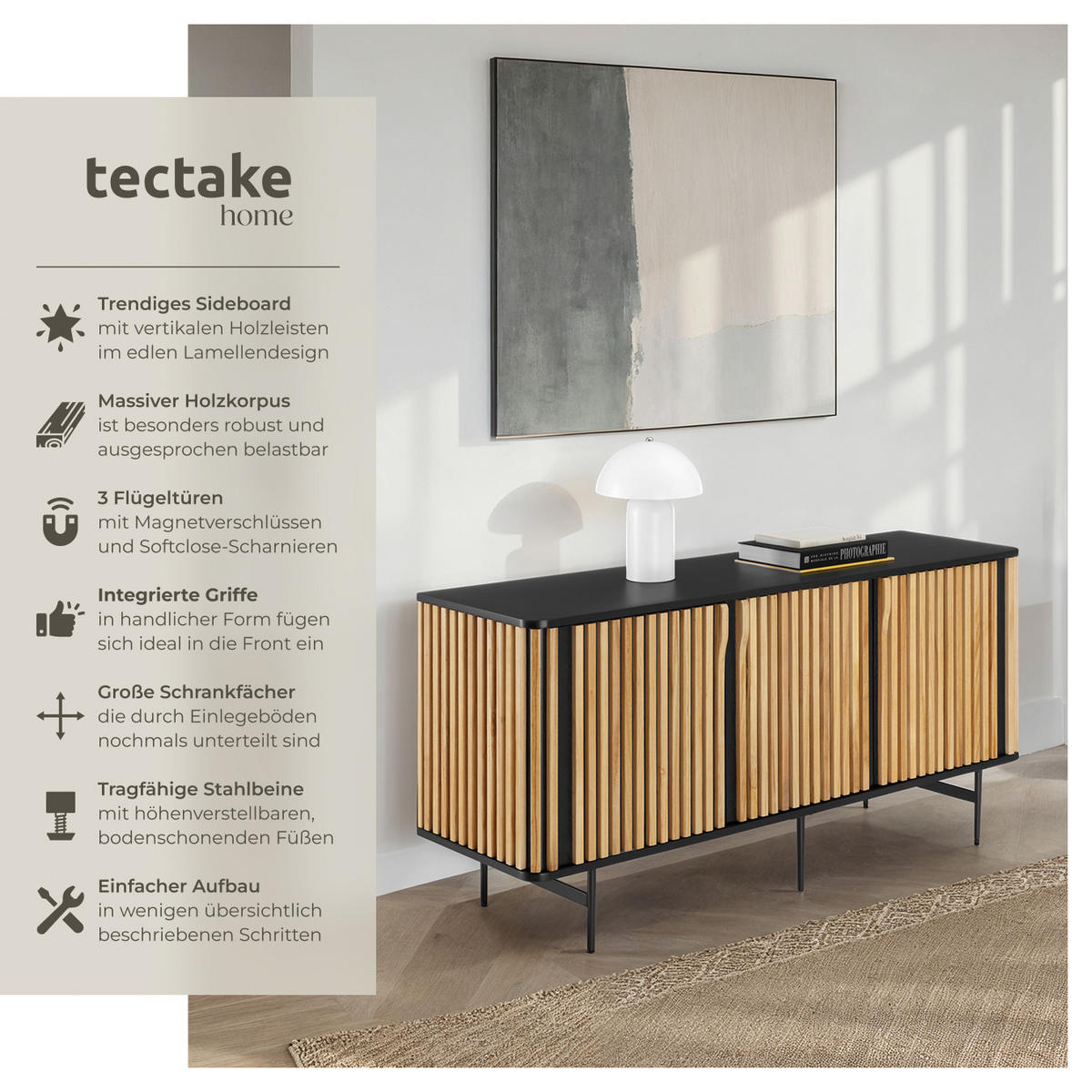 SIDEBOARD Lineo,156 x 45,5 x 74 cm, höhenverstellbare Füße,schwarz/braun - Schwarz/Braun, Holz (156/74/45.5cm) - tectake