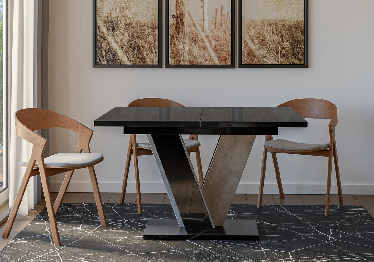 ESSTISCH Ausziehbar 120 - 160 cm Schwarz Hochglanz und Betonoptik - Schwarz Hochglanz/Grau, Holzwerkstoff (120/90/75cm) - PROSPERO