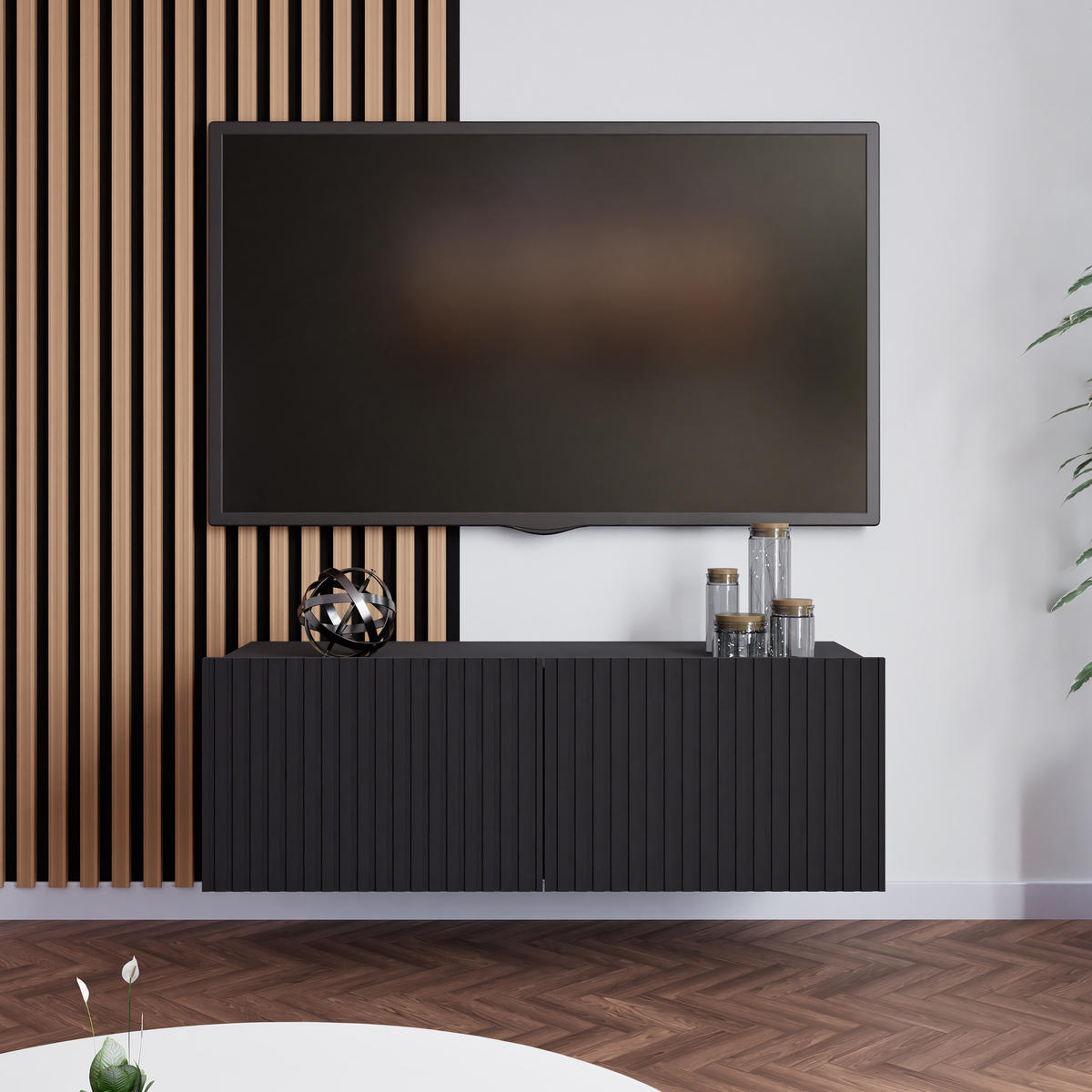 LOWBOARD Kavell mit 2 Türen, 100 cm, stehend/hängend, weiß matt - Schwarz, Holzwerkstoff (100/37.5/43cm) - Beautysofa