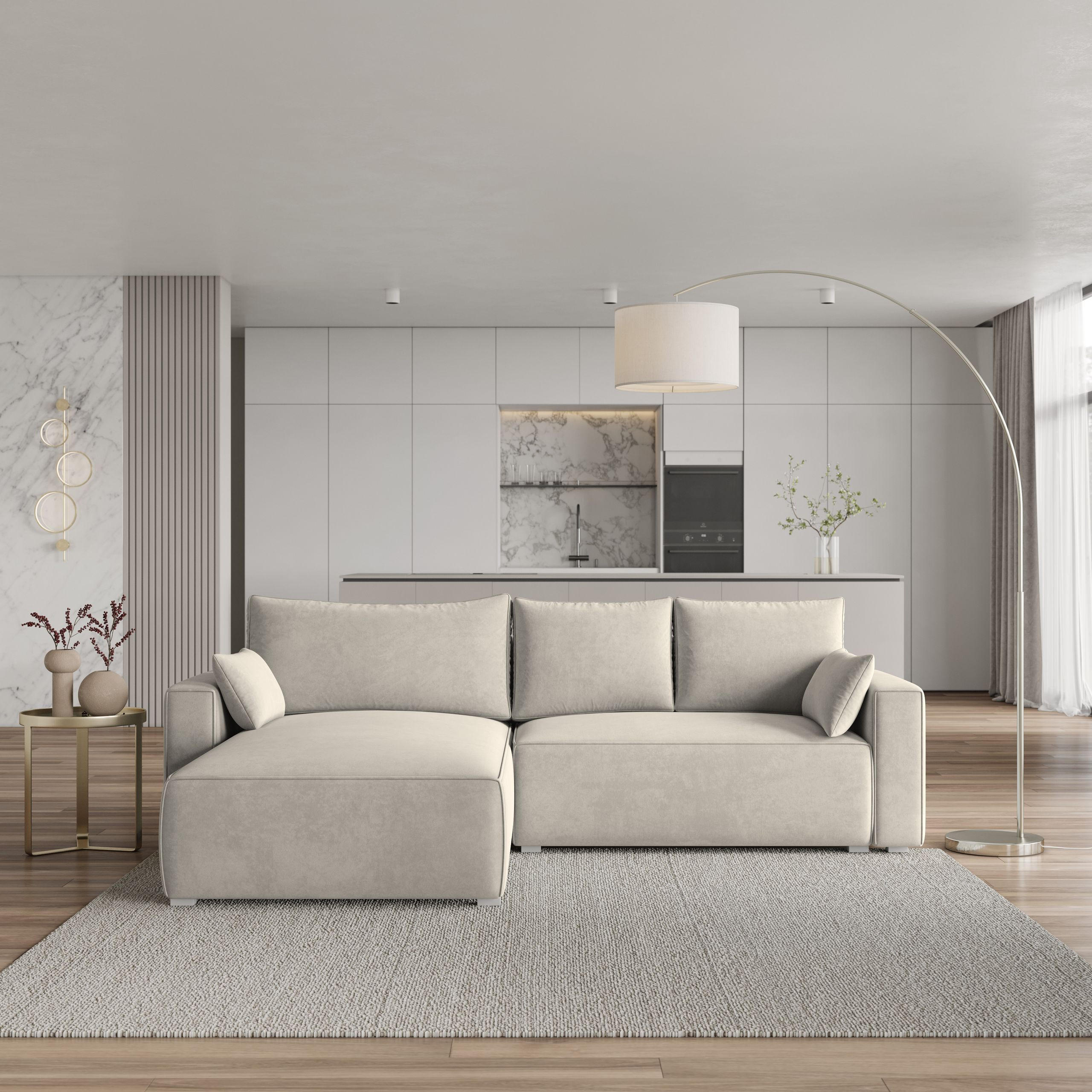 ECKSOFA FORIL Creme Velours-Stoff mit Schlaffunktion - Creme, Holz (265/178cm) - MASSENO