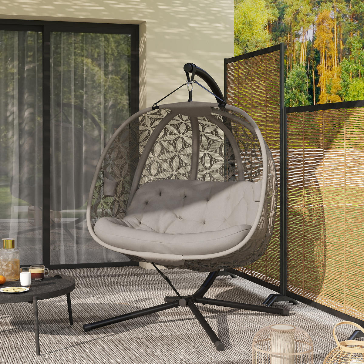 HÄNGESESSEL Mit Gestell DE-07068 mit Becherhaltern, Sicherheitsgurt - Sandfarben, Metall (126/176/126cm) - ComfortXL
