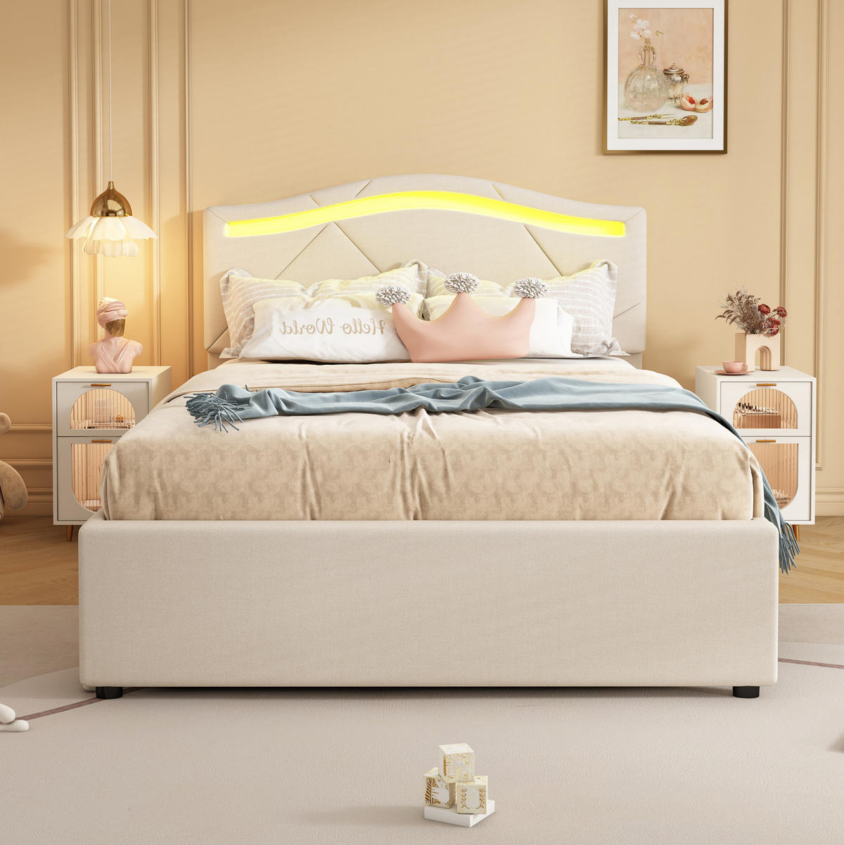 POLSTERBETT 90/200 cm mit LED-Beleuchtung, 2 Schubladen und verstellbarem Kopfteil aus Leinen, Beige - Beige, Textil (90/200cm) - Redom