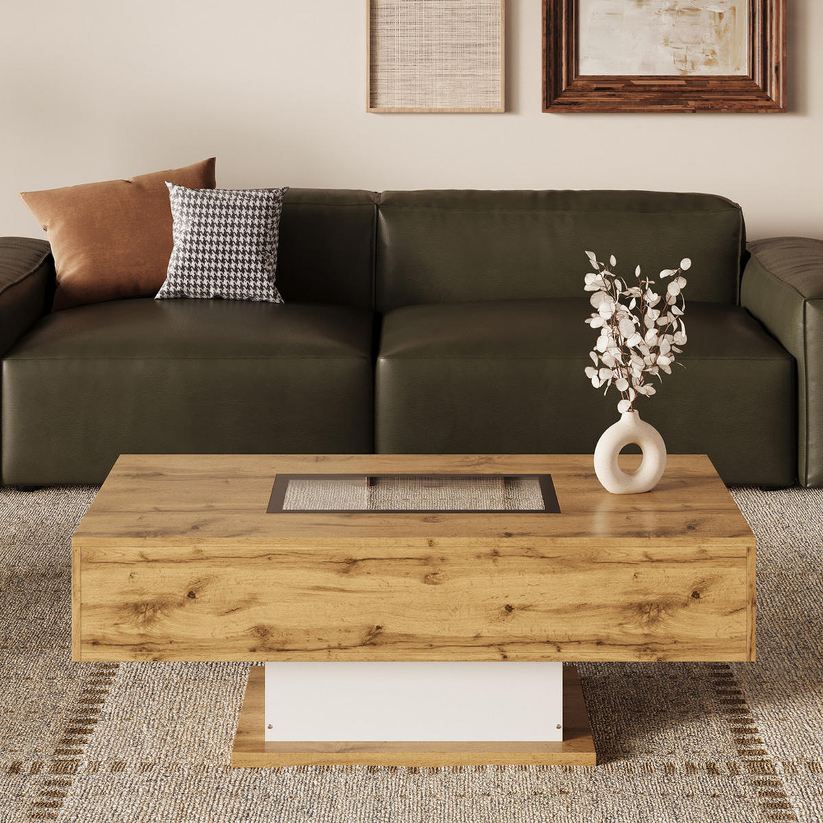 COUCHTISCH LED Farbwechsel Glas 2 Schubladen Beistelltisch Modern - Braun, Holz (126.36/69.85/14.6cm) - FLIEKS