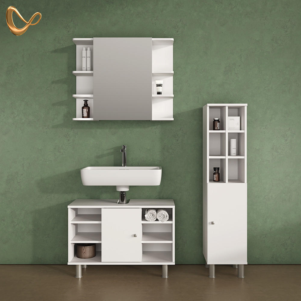 BADMÖBEL-SET Fucino Weiß 3 Teile, mit Midischrank Tür groß - Weiß, Holzwerkstoff (80/54/32cm) - Livinity®