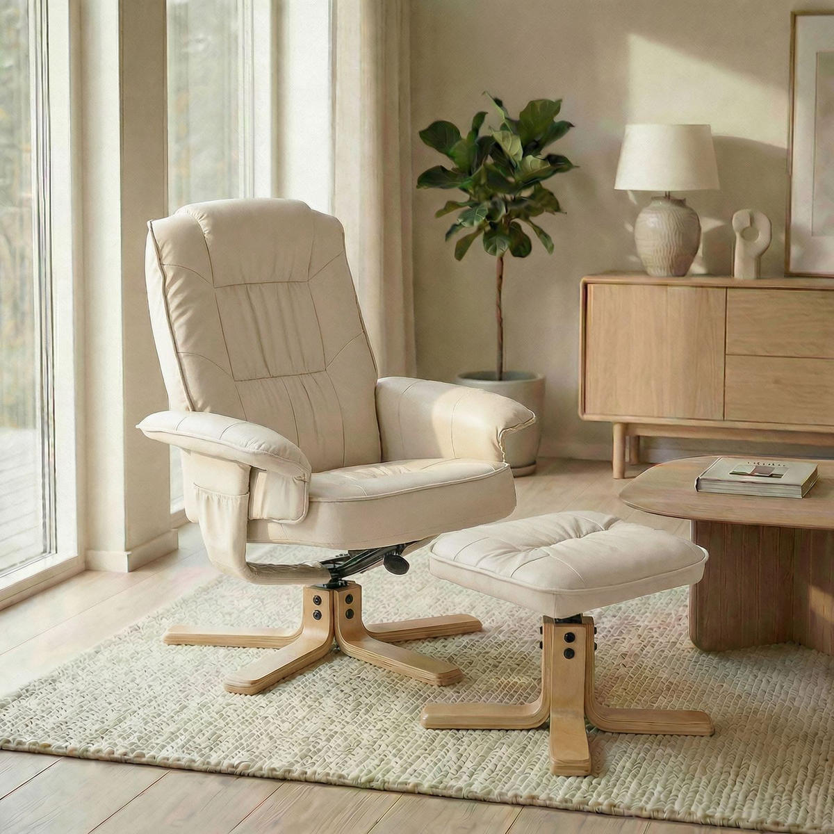 RELAXSESSEL KUNSTLEDER, SET MIT HOCKER CHARLY - Beige, Textil (76/87/61cm) - IDIMEX