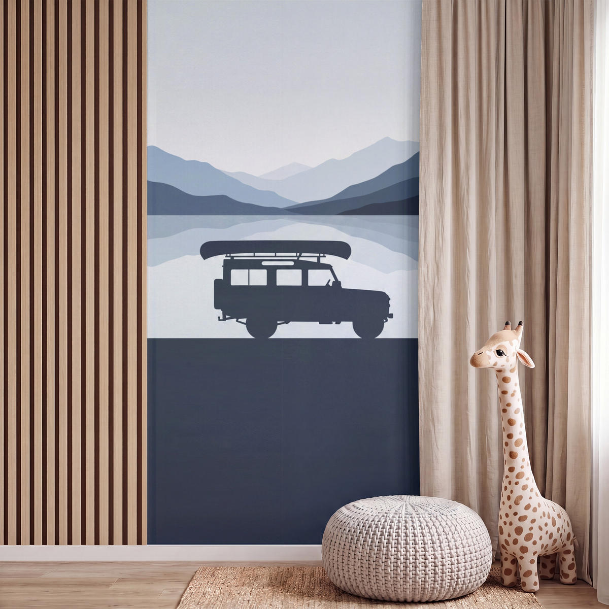KINDERTAPETE - Auto - See - Berge - Blau - 140x300 cm - Blaugrau, Papier (140/300cm) - OnlyWow