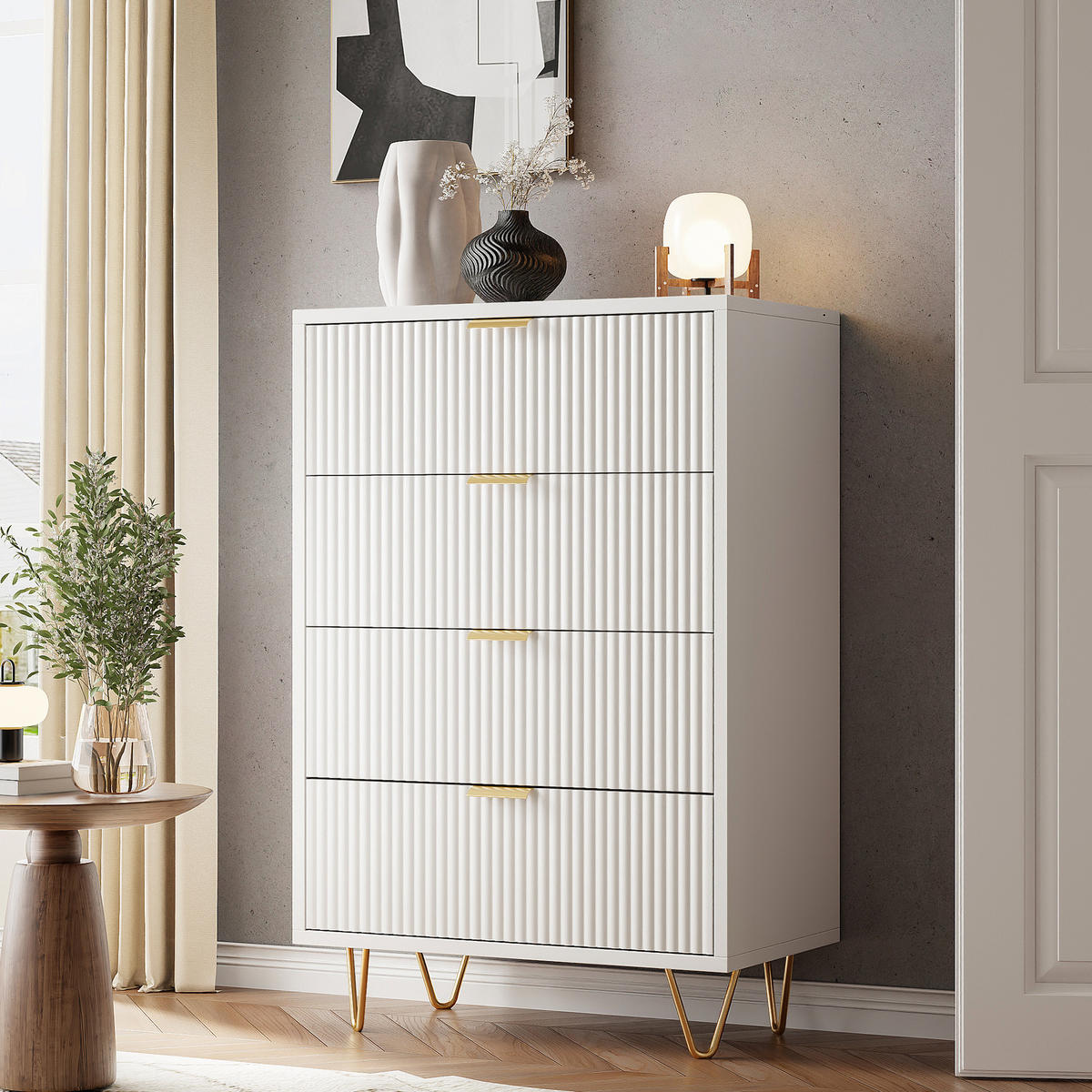 KOMMODE Rillen‑Design Stauraumschrank 34x60x91 cm Weiß mit goldenen Akzenten - Weiß, Holz (60/91/34cm) - Joyfair