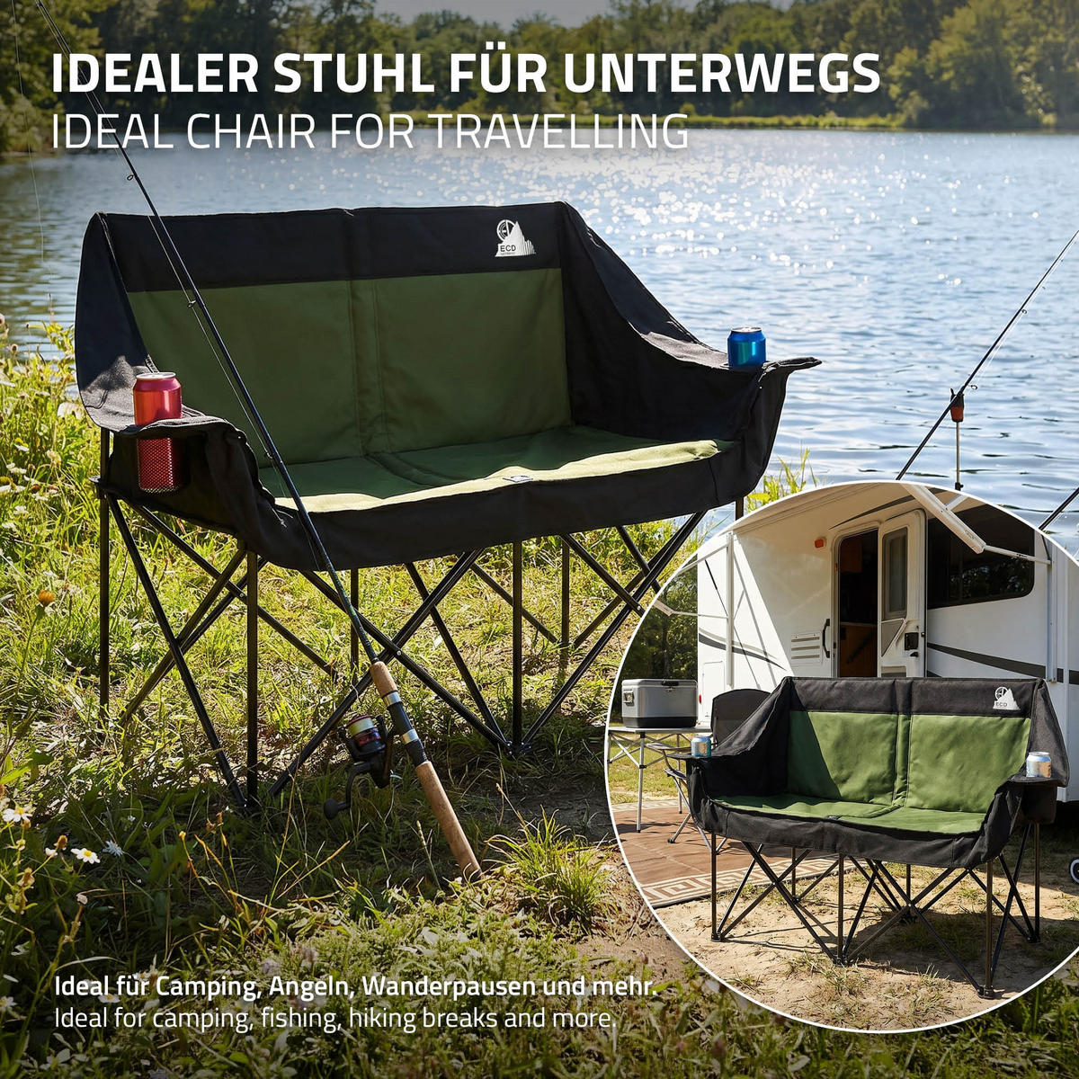 CAMPINGSTUHL 2-Sitzer Khaki faltbar mit Stahlgestell 54,5x145,92 cm - Grün, Textil (145/92/54.5cm) - ECD-Germany