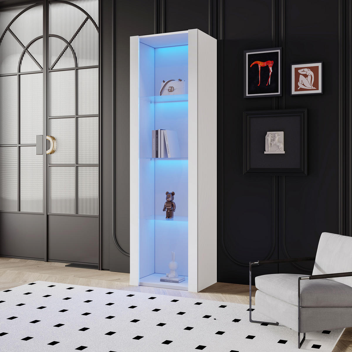 VITRINE 55x38x166 cm Weiß Hochglanz mit LED - Weiß, Holzwerkstoff (55/166/38cm) - FLIEKS