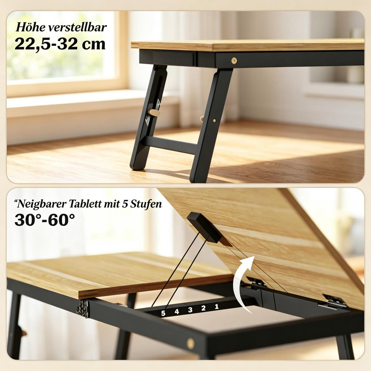 LAPTOPTISCH DE-37259 höhen- und neigbar mit Schublade Eiche/Schwarz - Eichefarben, Holzwerkstoff (83.5/33/34cm) - ComfortXL